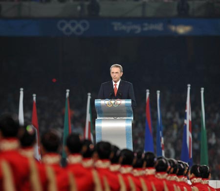 International Olympic Committee (IOC) President Jacques Rogge delivers a speech at the Beijing 2008 Olympic Games closing ceremony in the National Stadium, or the Bird's Nest, in Beijing, China, on Aug. 24, 2008. 